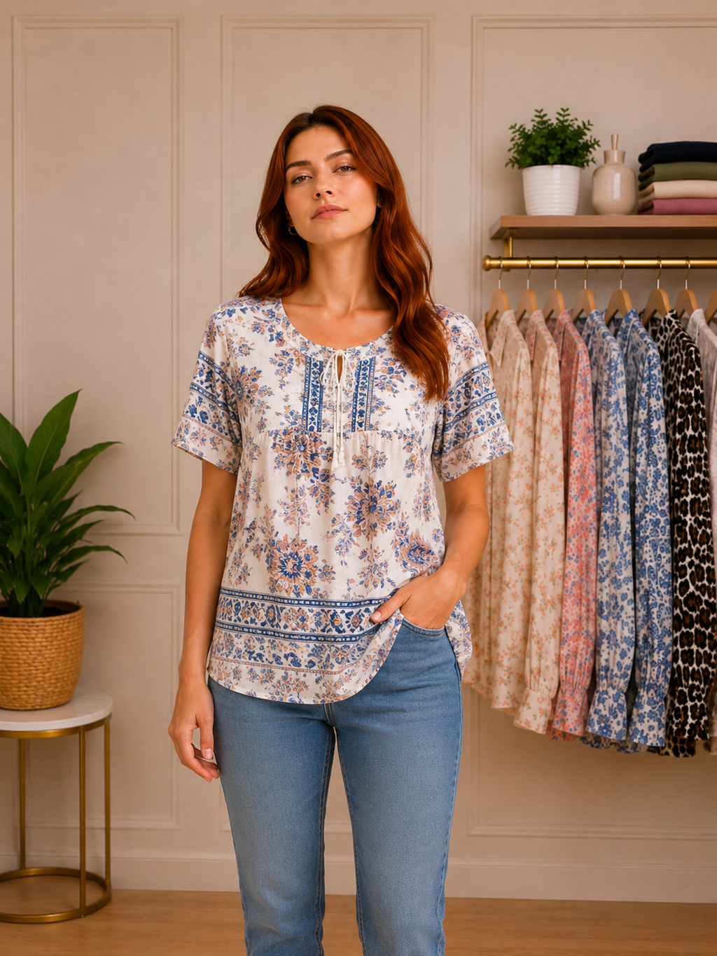 Blusa  Color  Marfil / crema con estampado floral en azul, beige y rosa– Talla S