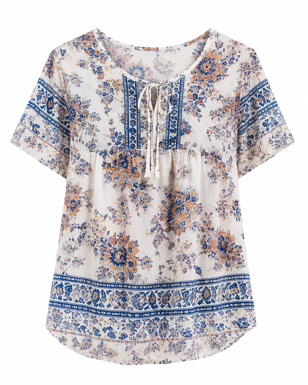 Blusa  Color  Marfil / crema con estampado floral en azul, beige y rosa– Talla S