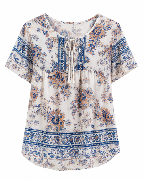 Blusa  Color  Marfil / crema con estampado floral en azul, beige y rosa– Talla S