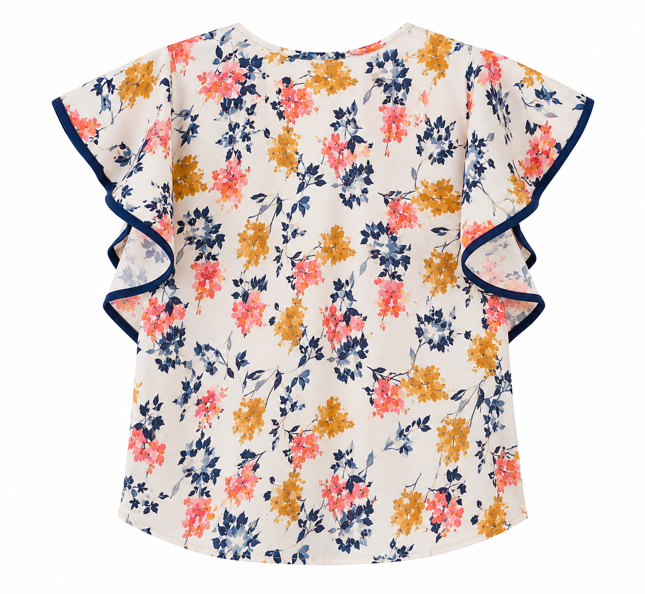 Blusa APOLOGY Lifestyle  Color  Marfil  estampado floral en azul marino, coral, mostaza y azul claro– Talla S