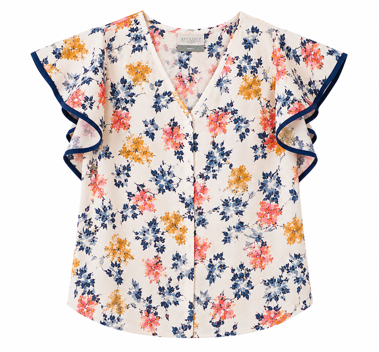 Blusa APOLOGY Lifestyle  Color  Marfil  estampado floral en azul marino, coral, mostaza y azul claro– Talla S