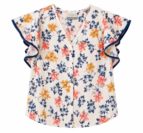 Blusa APOLOGY Lifestyle  Color  Marfil  estampado floral en azul marino, coral, mostaza y azul claro– Talla S