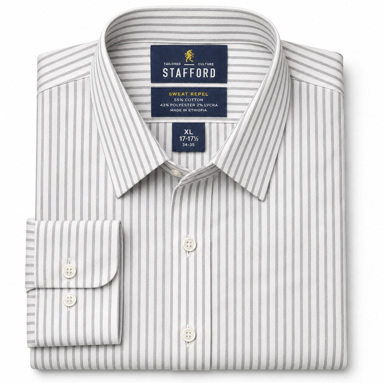 Camisa Stafford Sweat Repel Blanca con Rayas Grises – Talla XL