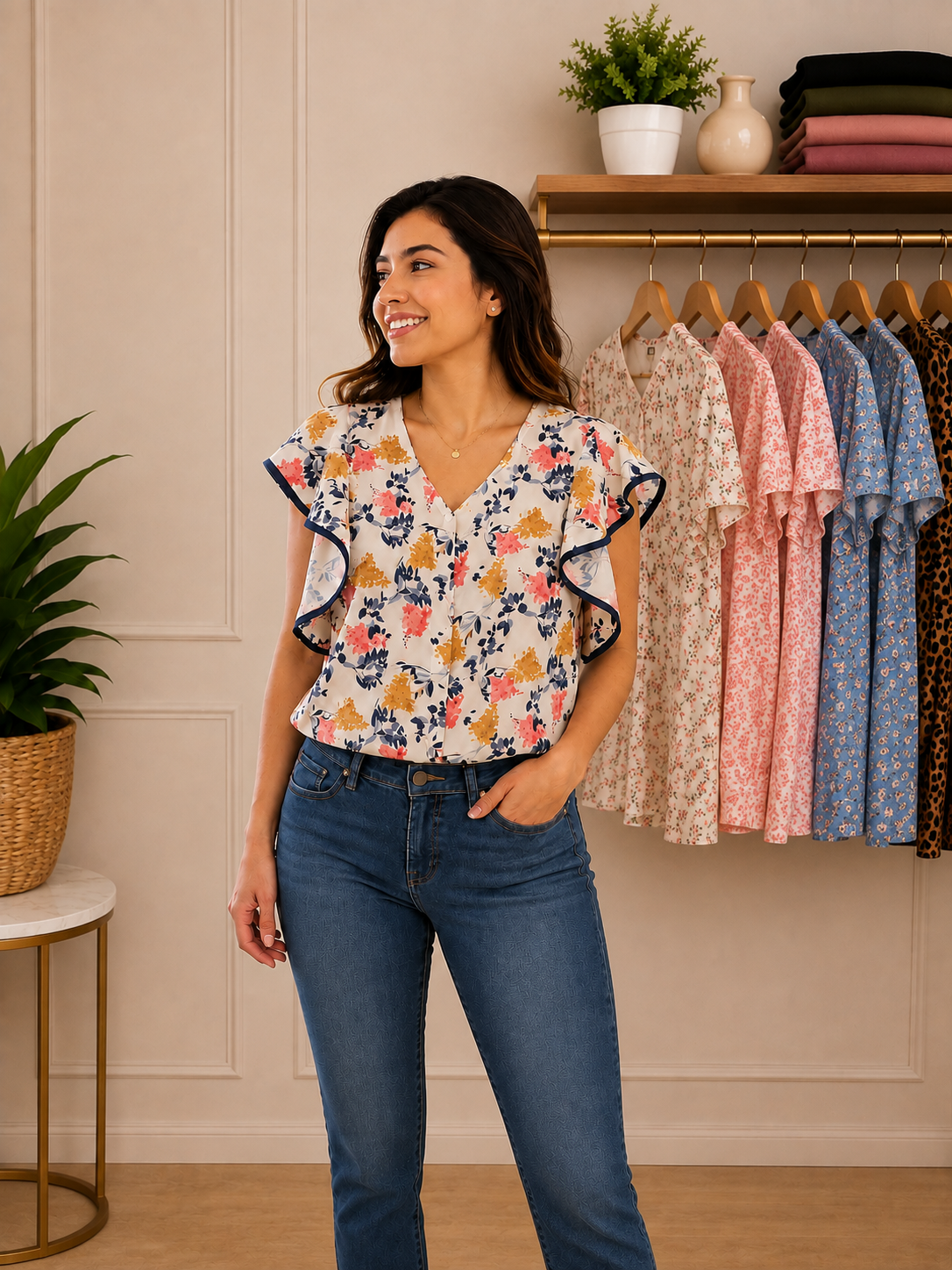 Blusa APOLOGY Lifestyle  Color  Marfil  estampado floral en azul marino, coral, mostaza y azul claro– Talla S