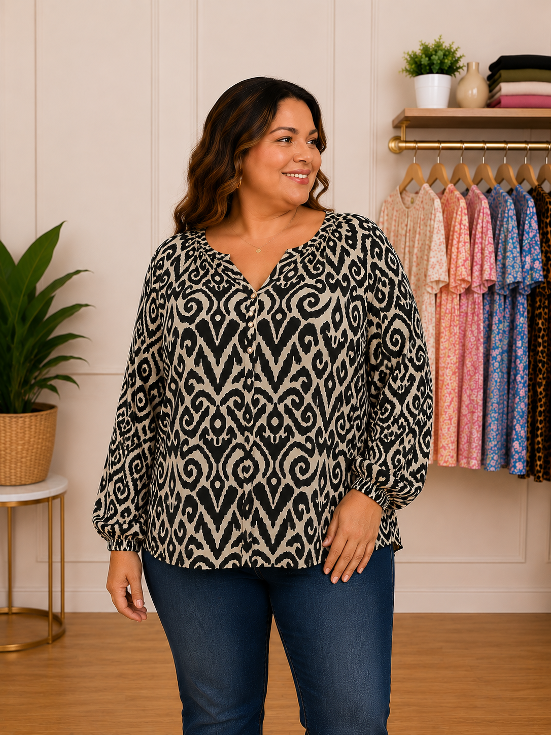 Blusa  APOLOGY  Color Marfil / beige claro con estampado negro - Talla XL
