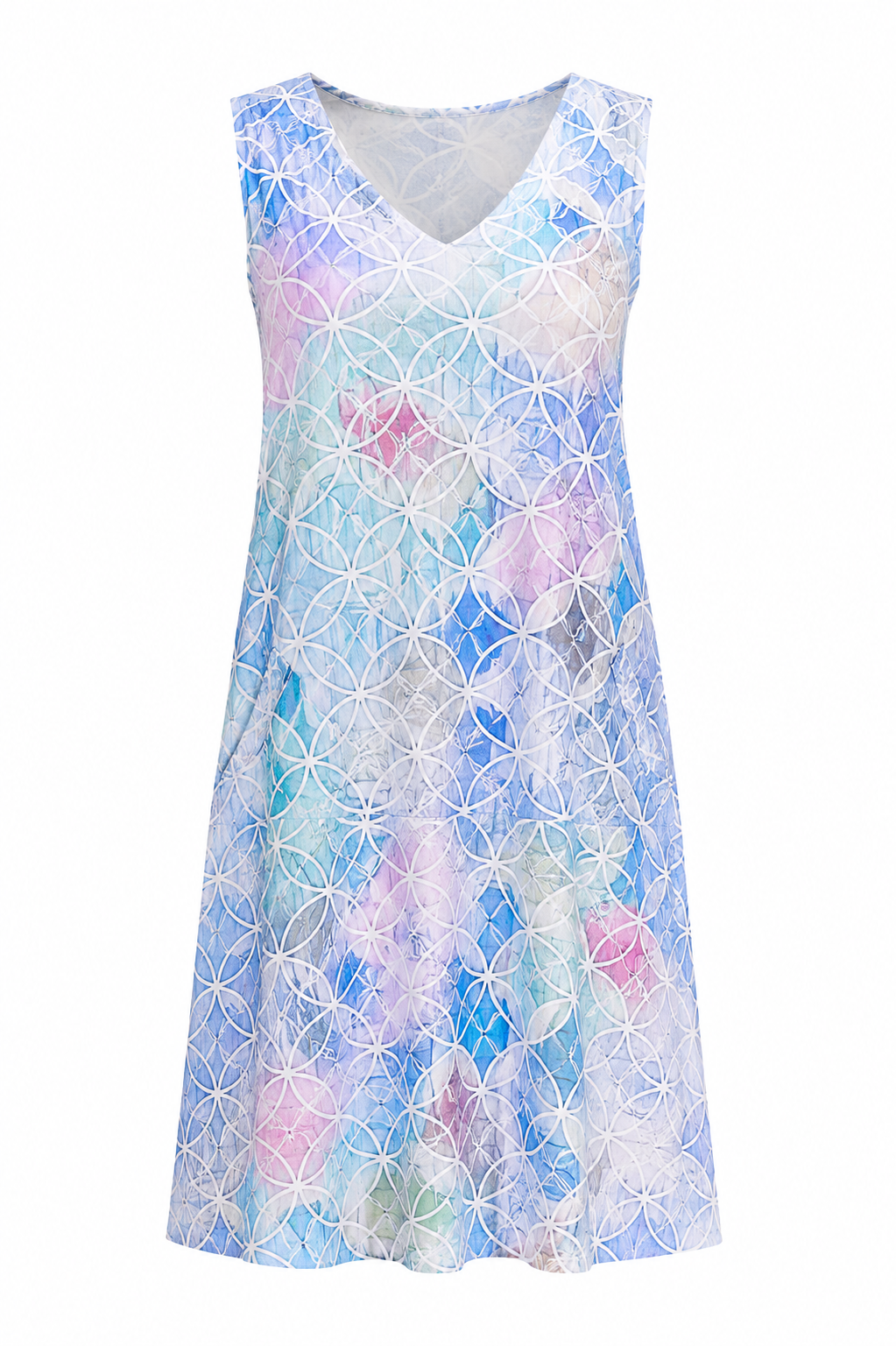 Vestido Midi   Color Azul claro con estampado multicolor – Talla M Cede hasta XL