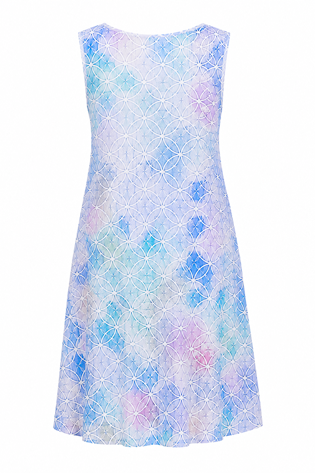 Vestido Midi   Color Azul claro con estampado multicolor – Talla M Cede hasta XL