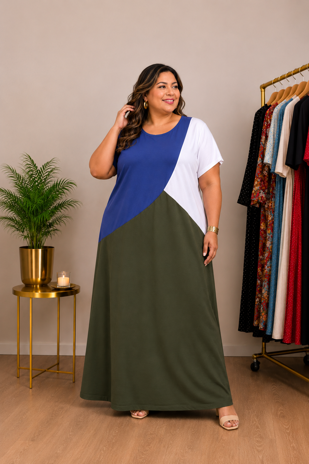 Vestido Largo Color Block Azul rey, Blanco y Verde Oliva  Talla 3XL