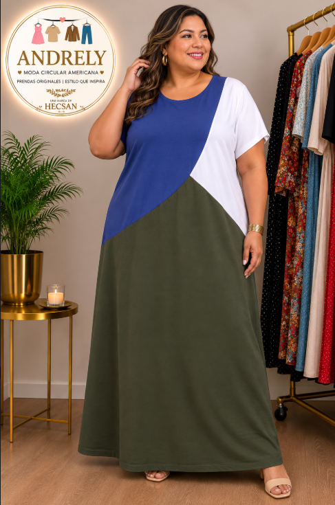 Vestido Largo Color Block Azul rey, Blanco y Verde Oliva  Talla 3XL