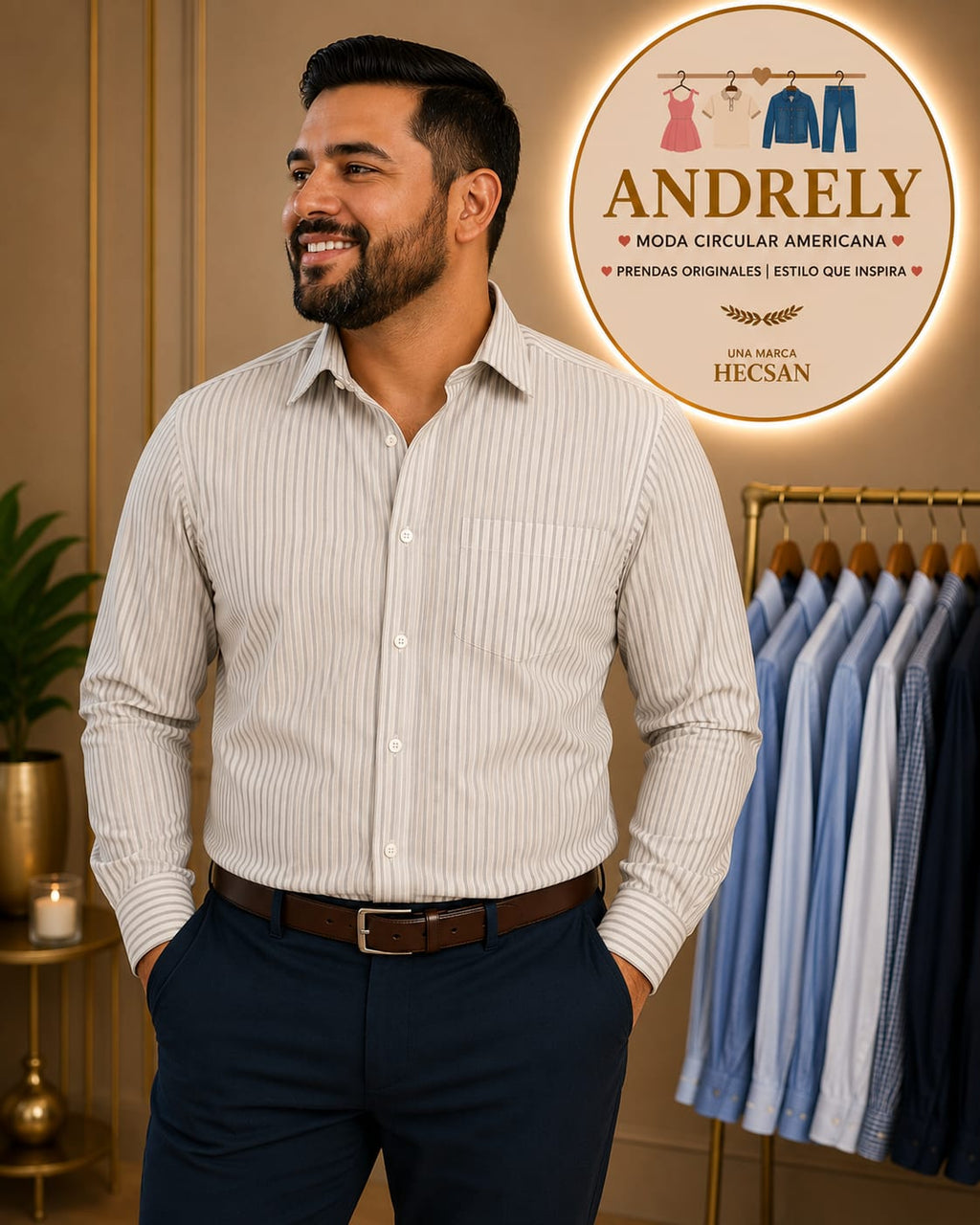 Camisa Stafford Sweat Repel Blanca con Rayas Grises – Talla XL