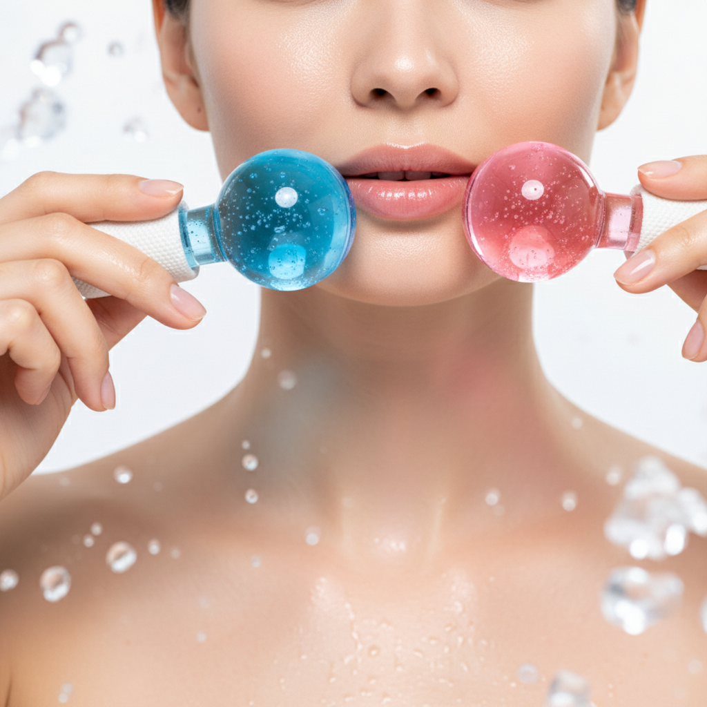 Globos de Hielo Facial — Modelo aplicándolos en mejillas