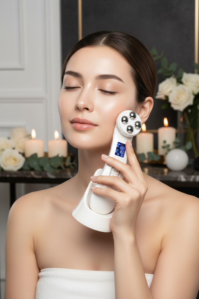 GlowLift Pro — Mujer usando masajeador facial